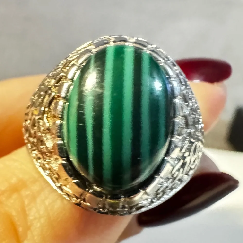 Vintage Style Faux Malachite Silver Tone Statement Ring Sz 7 Green Striped Oval